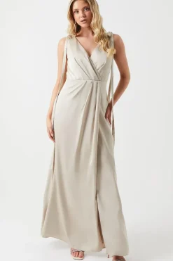 Tie Shoulder Ruched Skirt Satin Bridesmaid Maxi Dress