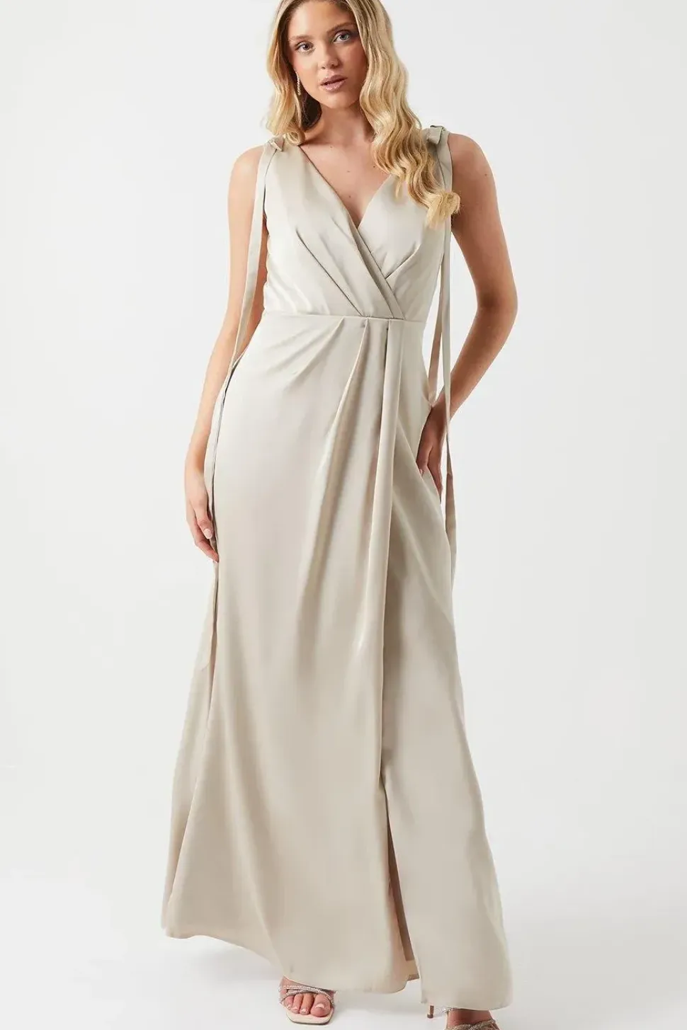 Tie Shoulder Ruched Skirt Satin Bridesmaid Maxi Dress