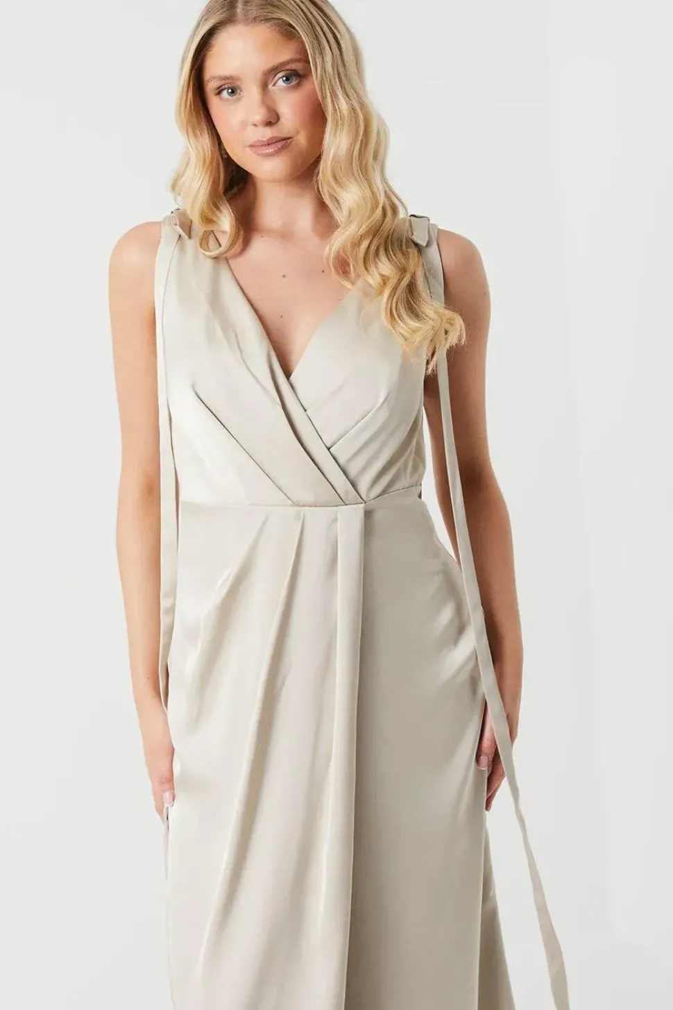 Tie Shoulder Ruched Skirt Satin Bridesmaid Maxi Dress