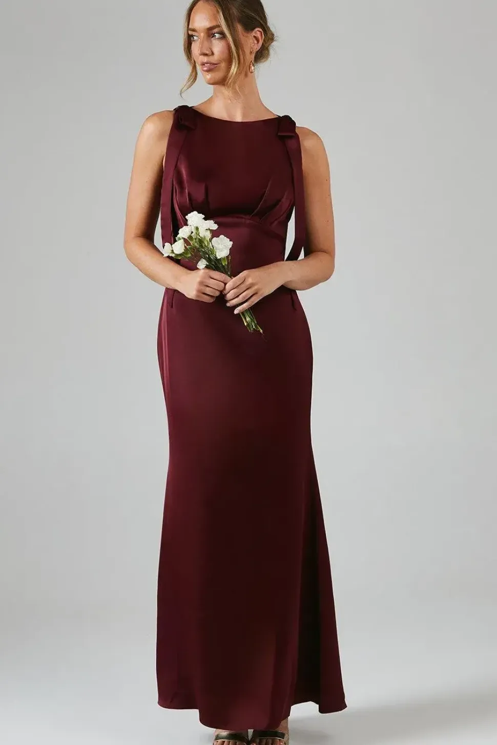 Tie Shoulder Satin Bridesmaid Maxi Dress