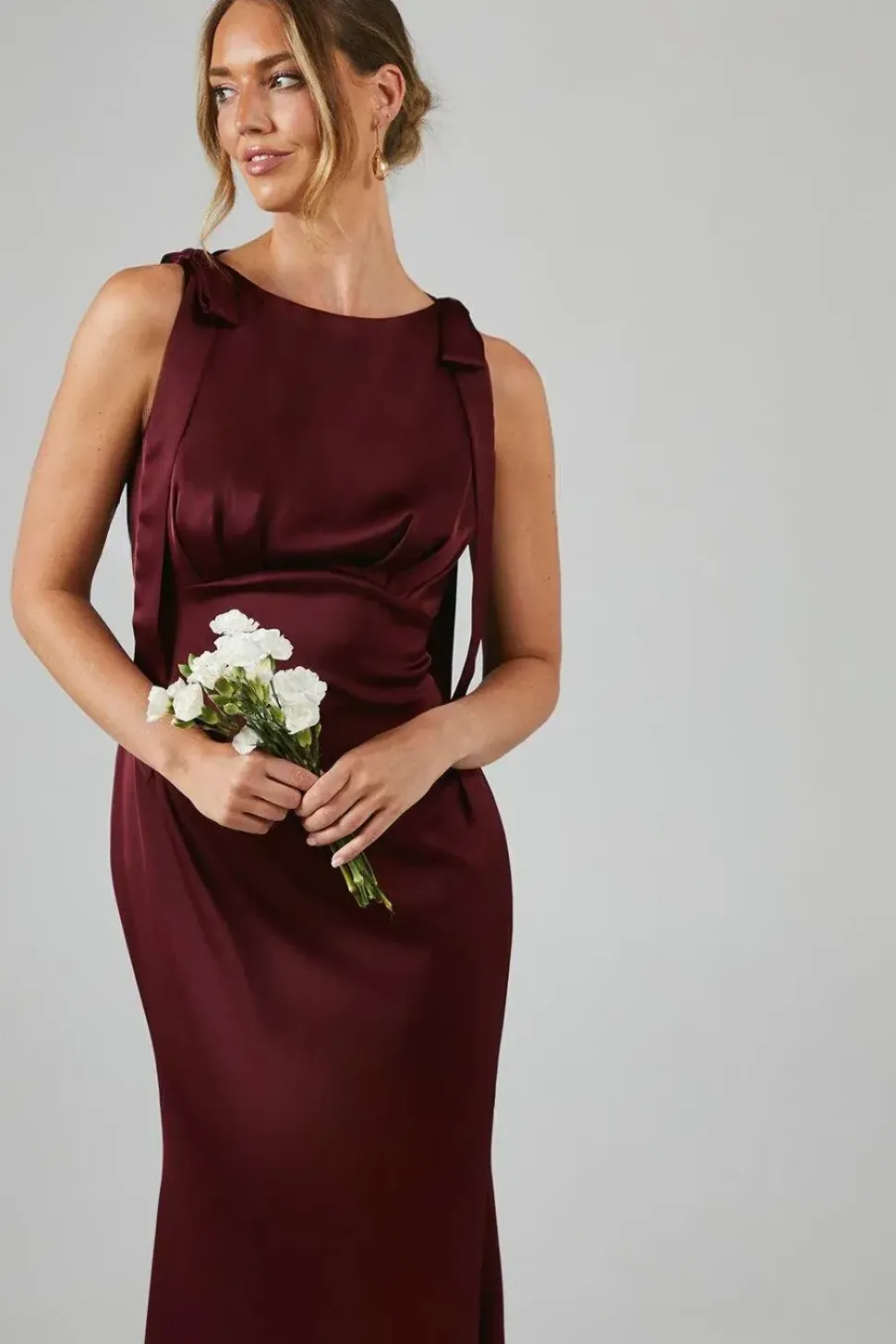 Tie Shoulder Satin Bridesmaid Maxi Dress