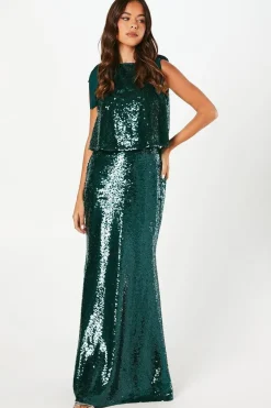 Tie Shoulder Stretch Sequin Maxi Dress