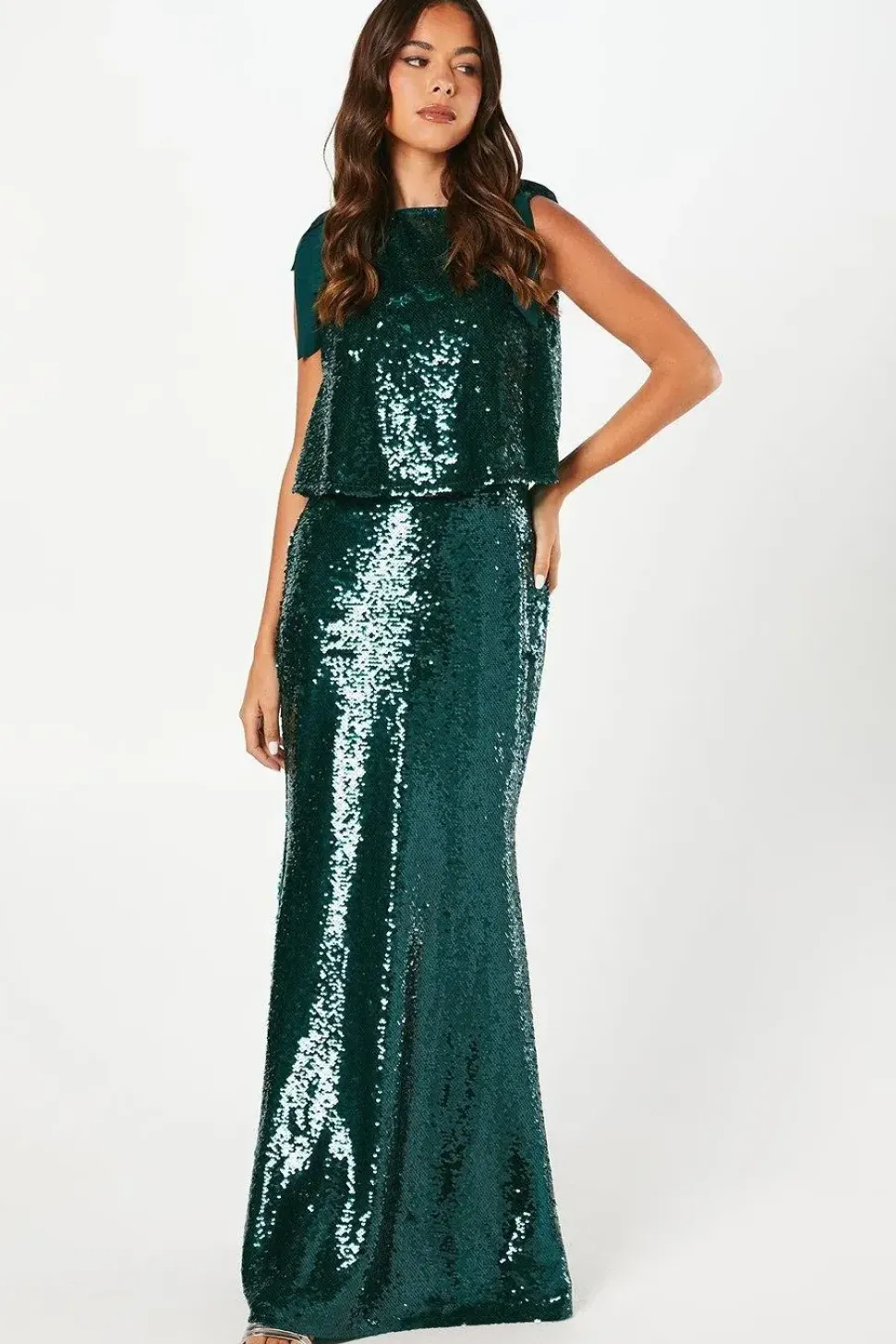 Tie Shoulder Stretch Sequin Maxi Dress