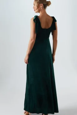 Tie Shoulder Velvet Bridesmaids Maxi Dress