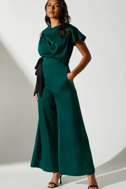 Tie Side Satin Drape Wide Leg Jumpsuit