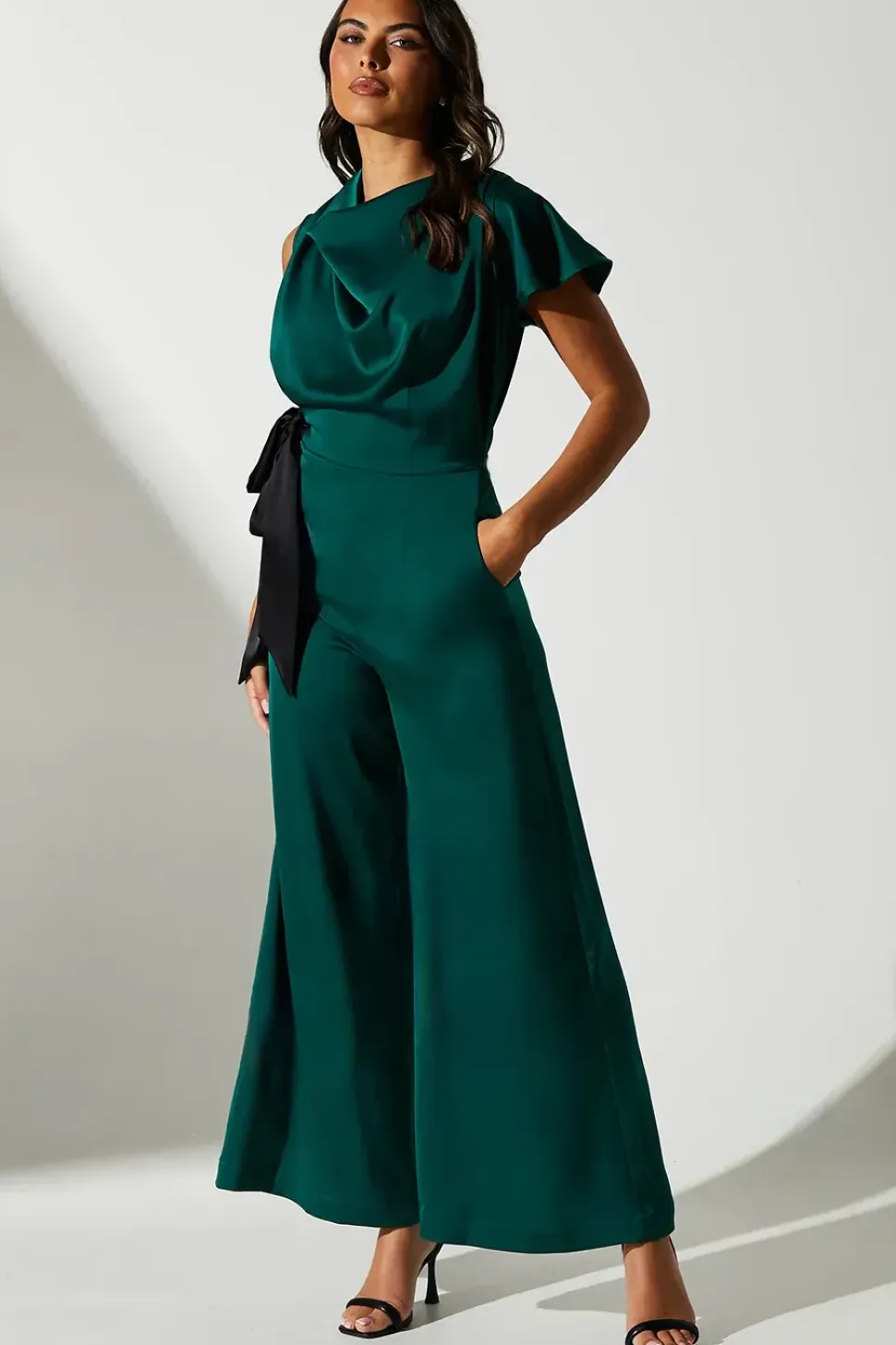 Tie Side Satin Drape Wide Leg Jumpsuit