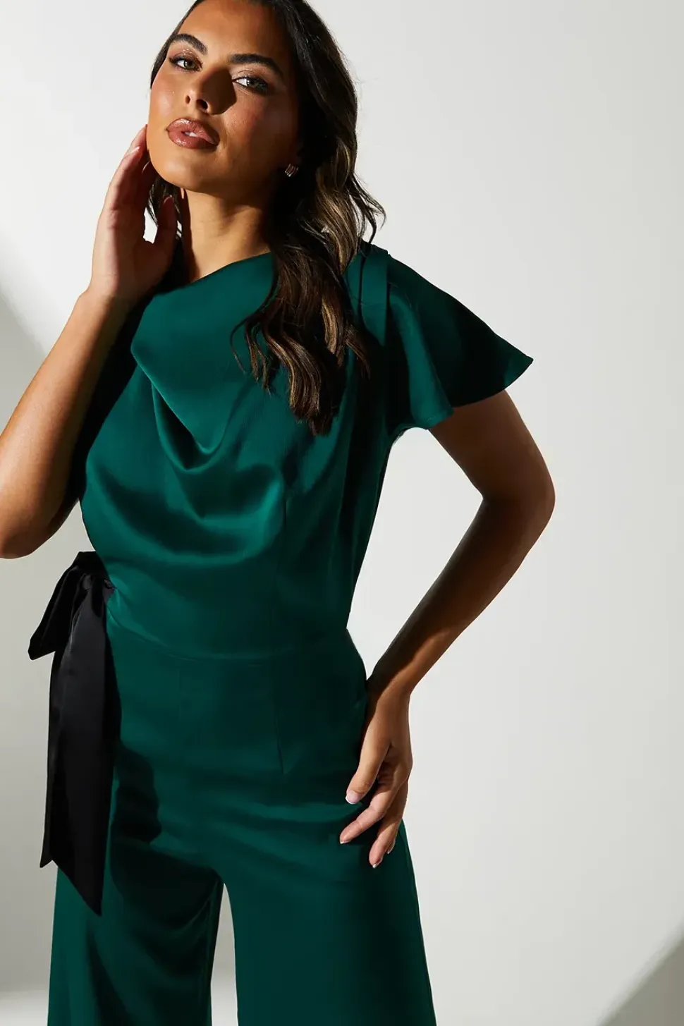Tie Side Satin Drape Wide Leg Jumpsuit