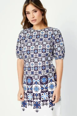 Tile Border Print Puff Sleeve Shift Dress