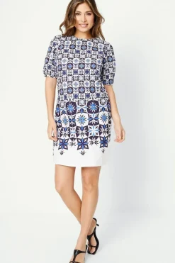 Tile Border Print Puff Sleeve Shift Dress