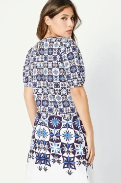 Tile Border Print Puff Sleeve Shift Dress