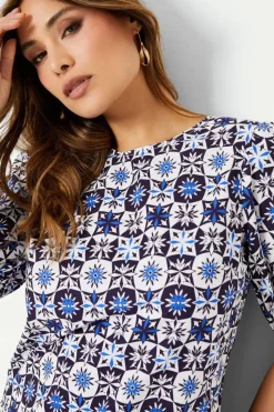 Tile Border Print Puff Sleeve Shift Dress