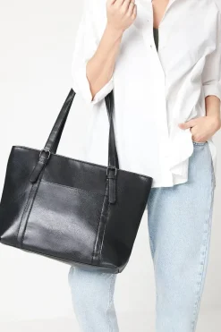 Tina Faux Leather Buckle Detail Top Zip Tote Bags
