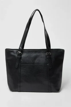 Tina Faux Leather Buckle Detail Top Zip Tote Bags
