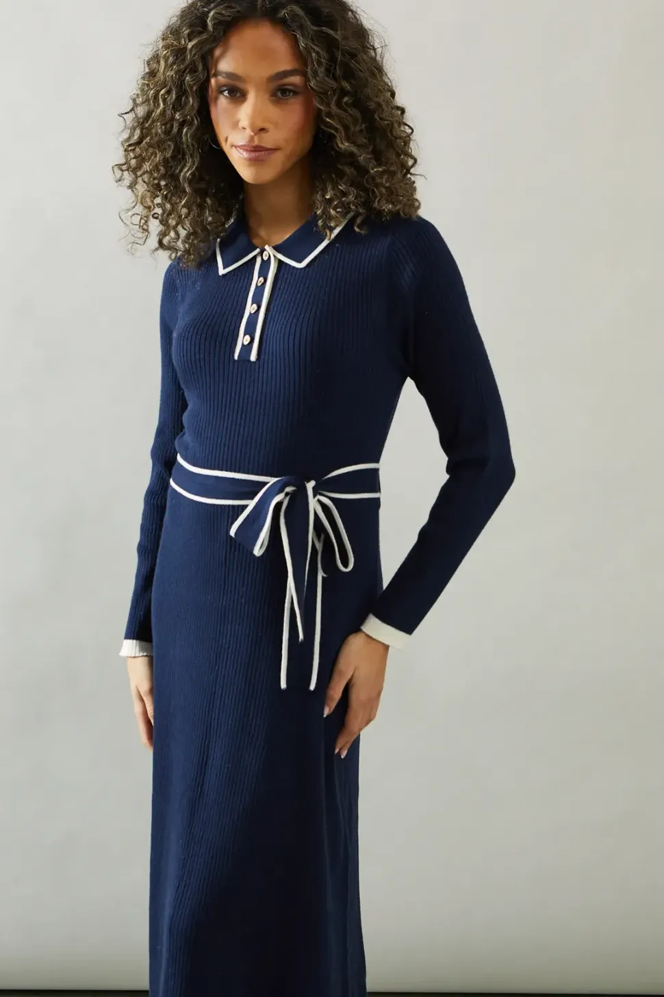 Tipped Belted Knitted Midi Dress