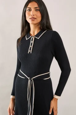 Tipped Belted Knitted Midi Dress