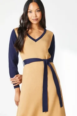 Tipped Belted Knitted Midi Dress