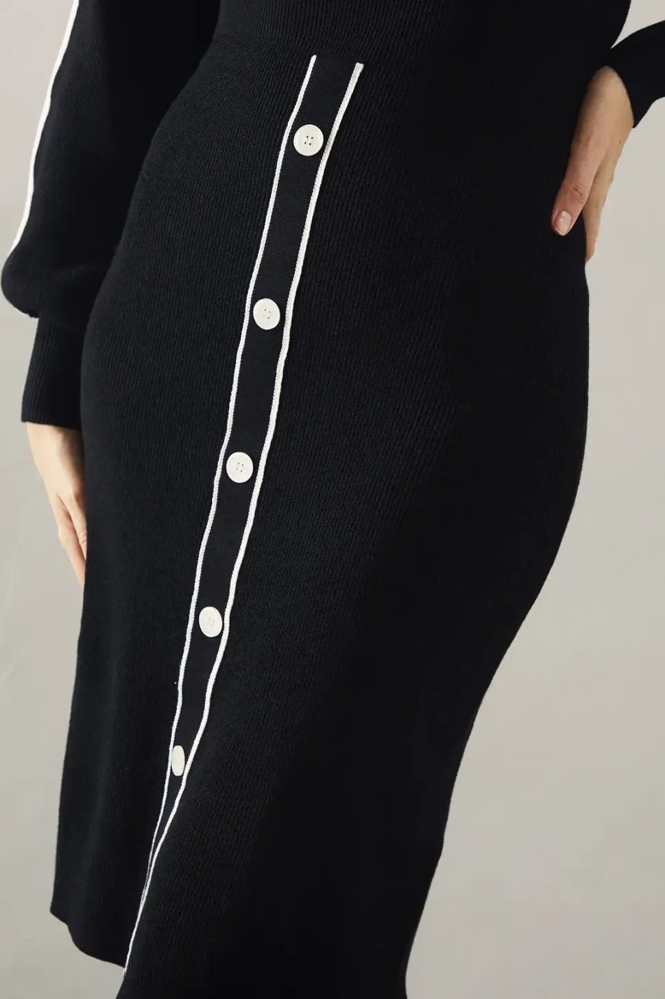Tipped Button Skirt Roll Neck Midi Dress