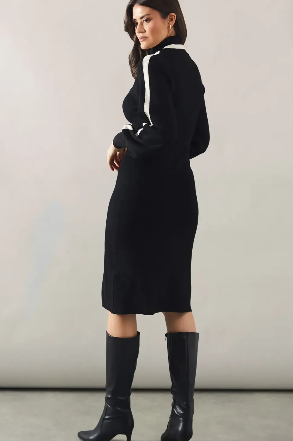 Tipped Button Skirt Roll Neck Midi Dress