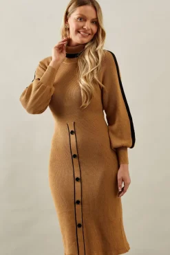 Tipped Button Skirt Roll Neck Midi Jumper Dress
