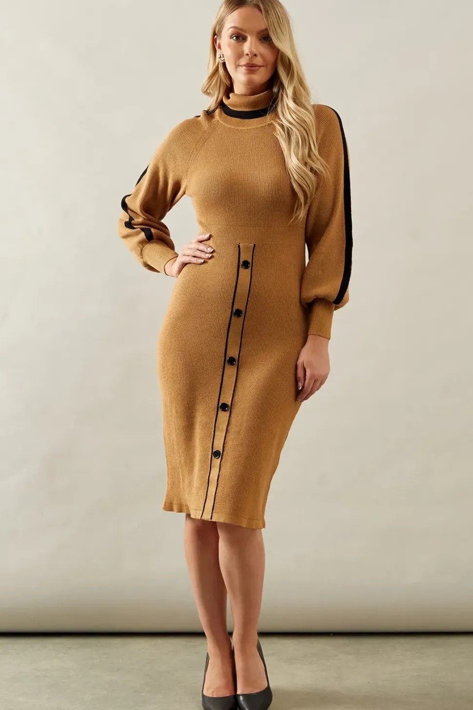 Tipped Button Skirt Roll Neck Midi Jumper Dress