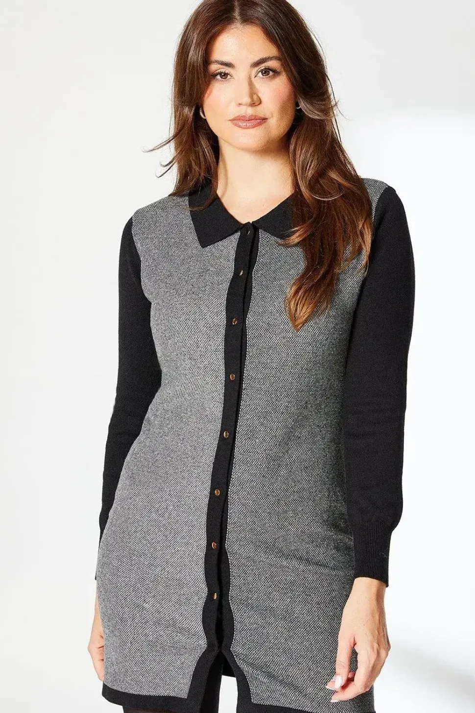 Tipped Collar Boucle Knitted Midi Dress