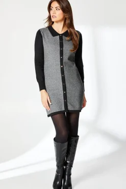 Tipped Collar Boucle Knitted Midi Dress