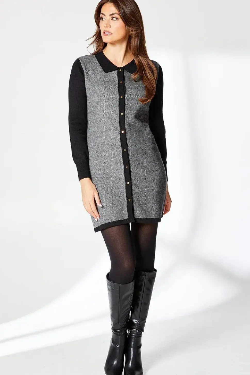 Tipped Collar Boucle Knitted Midi Dress