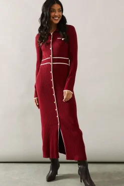 Tipped Collared Button Down Knitted Midi Dress