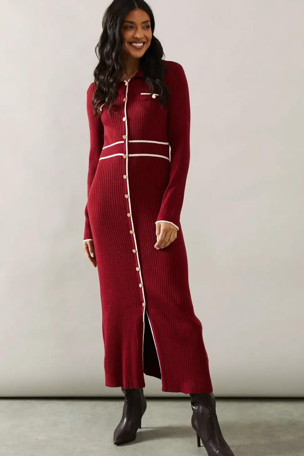 Tipped Collared Button Down Knitted Midi Dress