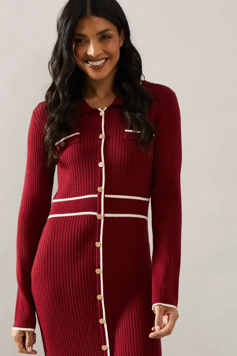 Tipped Collared Button Down Knitted Midi Dress