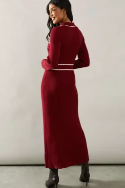 Tipped Collared Button Down Knitted Midi Dress