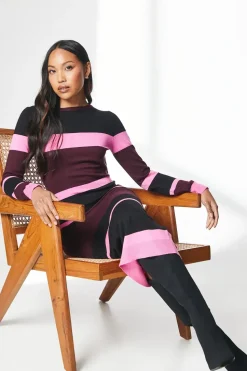 Tipped Crew Neck Knitted Midi Dress