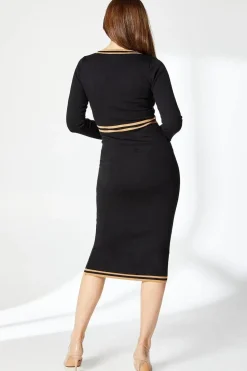 Tipped V Neck Knitted Midi Dress