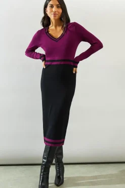 Tipped V Neck Knitted Midi Dress
