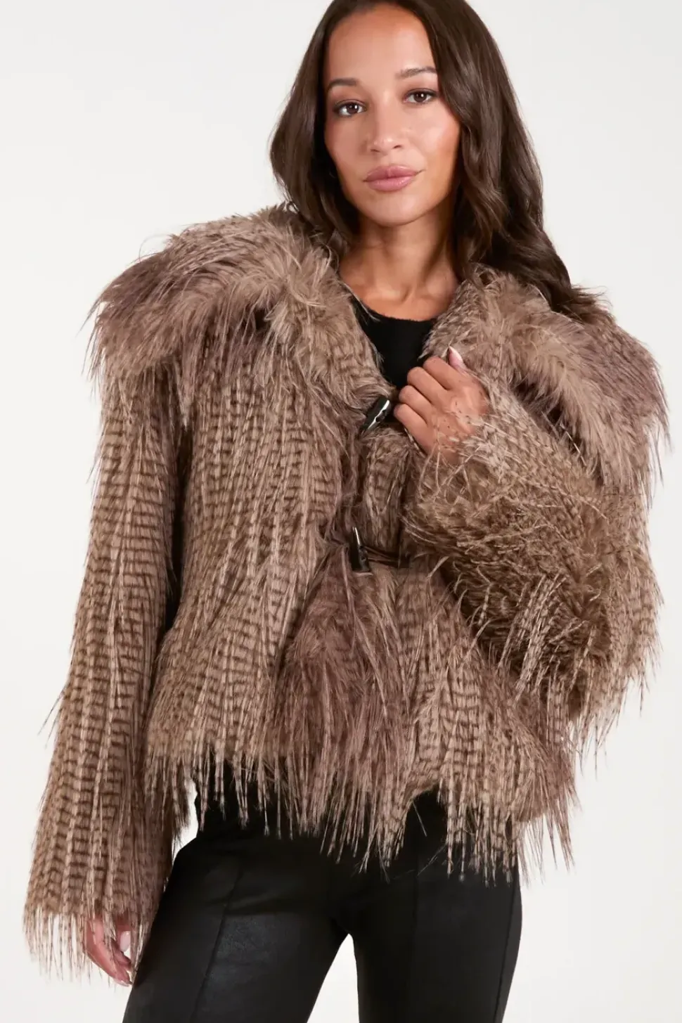 Toggle Detail Faux Fur Coat