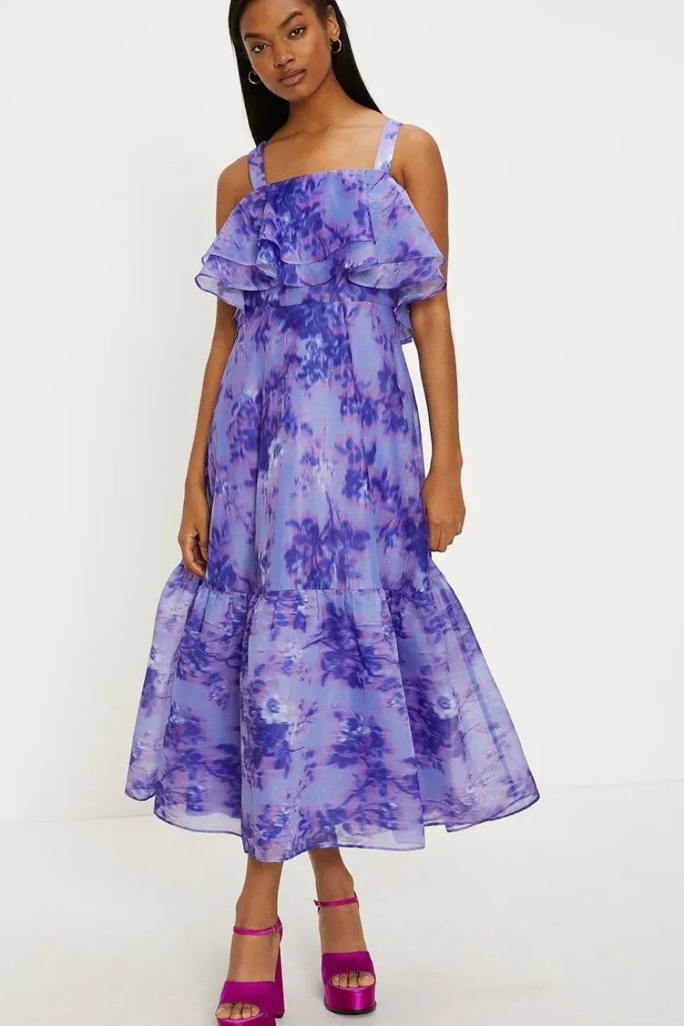 Tonal Blurred Floral Ruffle Organza Midi Dress