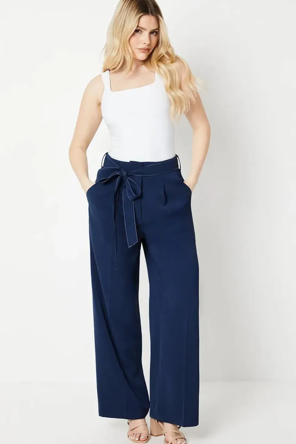 Top Stitch Belted Straight Leg Trouser