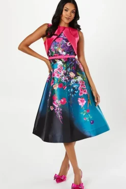 Trailing Floral Overlay Bodice Satin Twill Midi Dress
