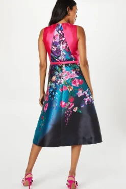 Trailing Floral Overlay Bodice Satin Twill Midi Dress