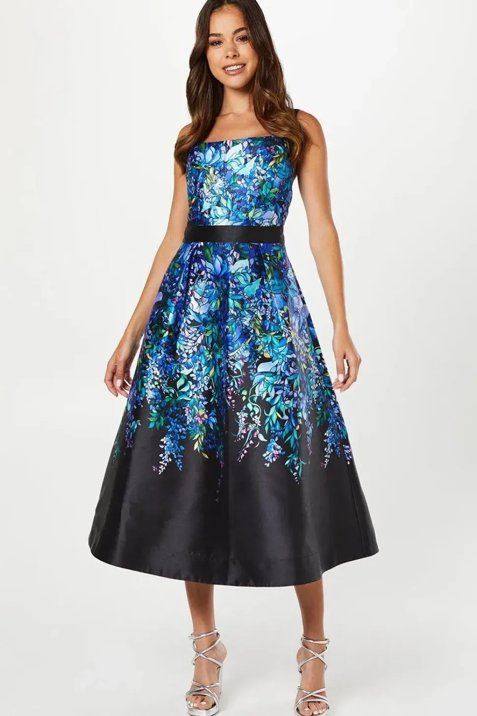 Trailing Floral Satin Twill Midi Wedding Guest Dress