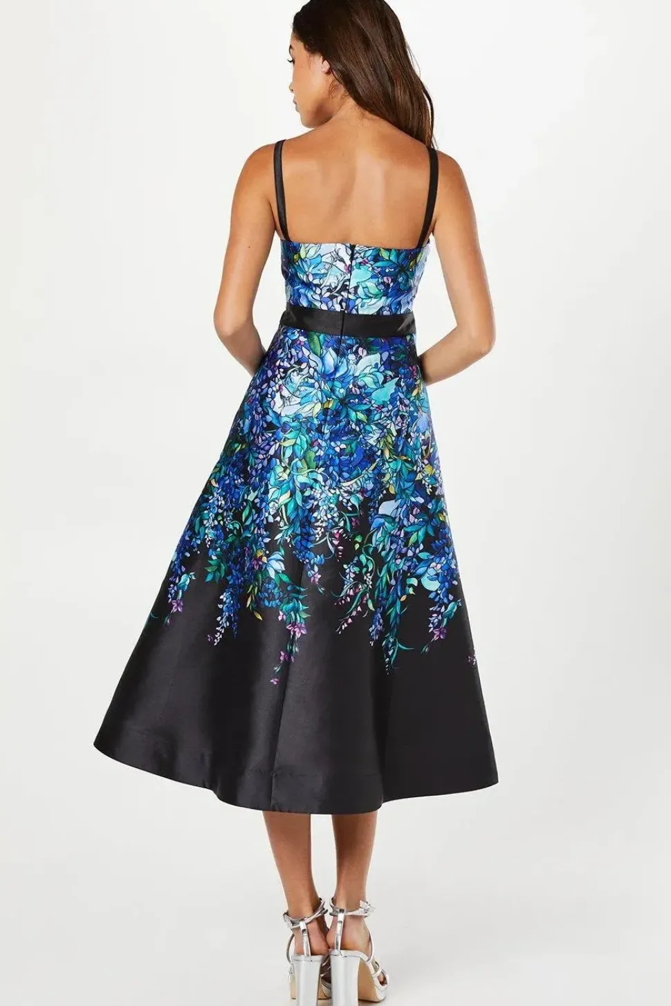 Trailing Floral Satin Twill Midi Wedding Guest Dress