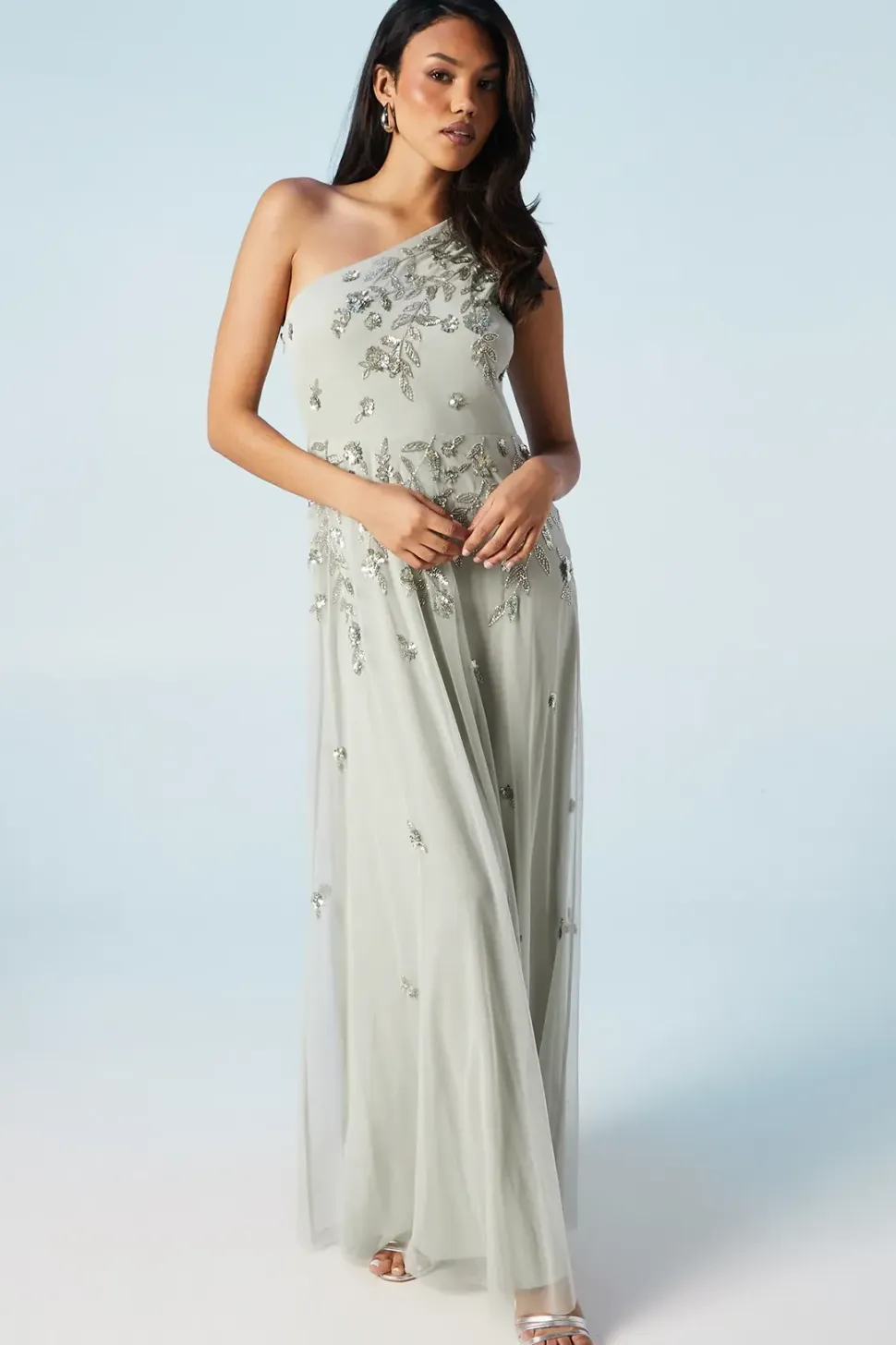 Trailing Foliage Embellished One Shoulder Bridesmaids Dress
