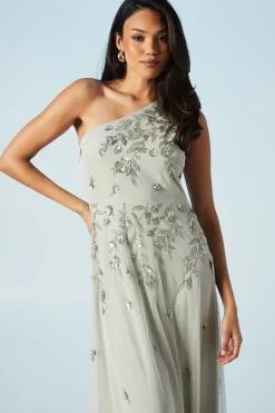 Trailing Foliage Embellished One Shoulder Bridesmaids Dress