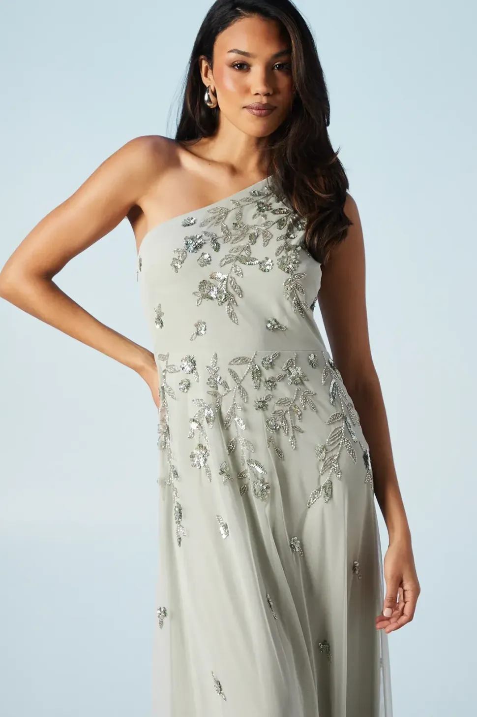 Trailing Foliage Embellished One Shoulder Bridesmaids Dress