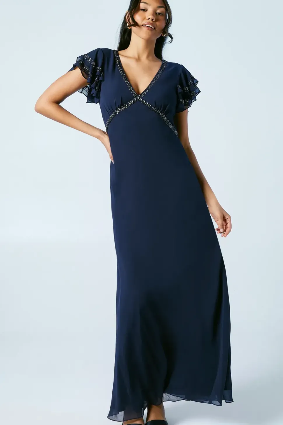 Trim Detail V Neck Flutter Sleeve Bridesmaids Dress