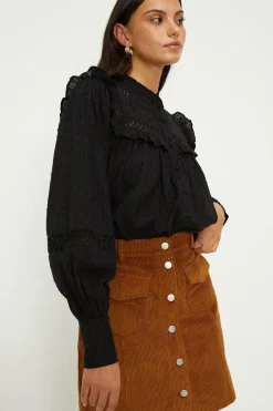 Trim Insert Ruffle Dobby Cotton Blouse