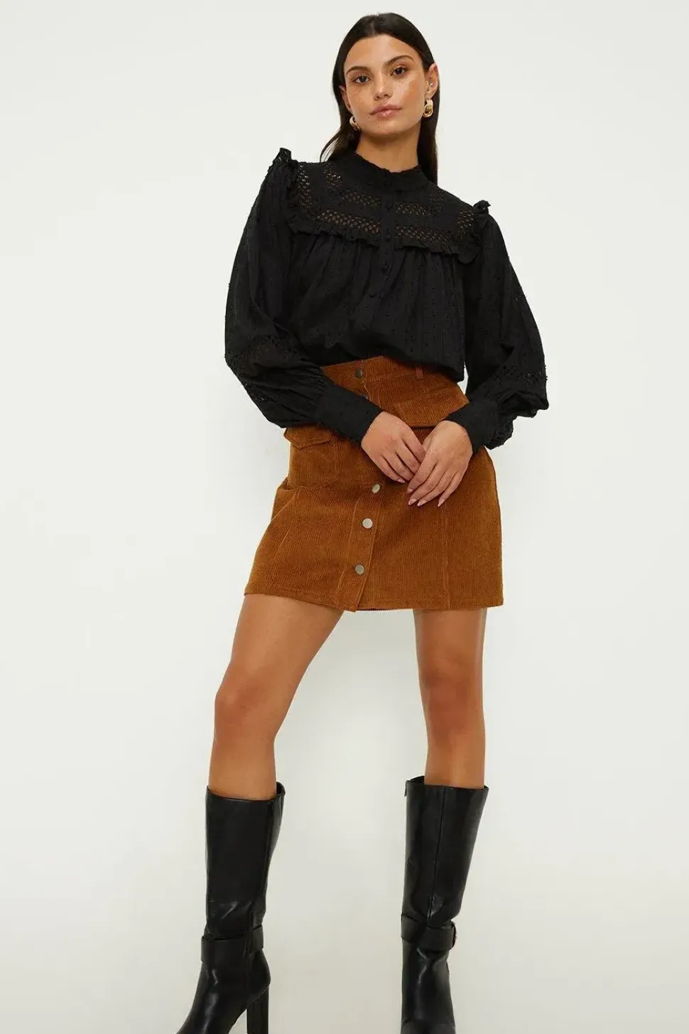Trim Insert Ruffle Dobby Cotton Blouse