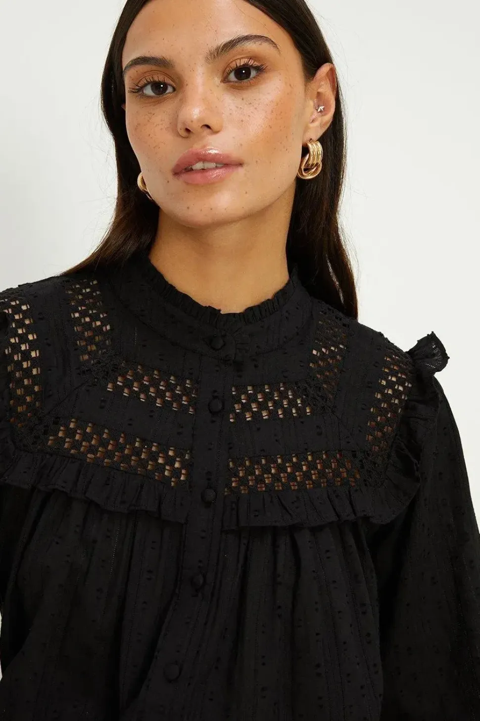 Trim Insert Ruffle Dobby Cotton Blouse