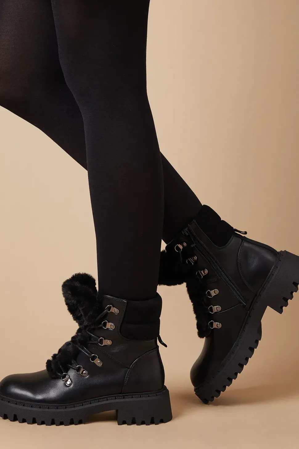 Trinity Faux Fur Detail Chunky Hiker Ankle Boots