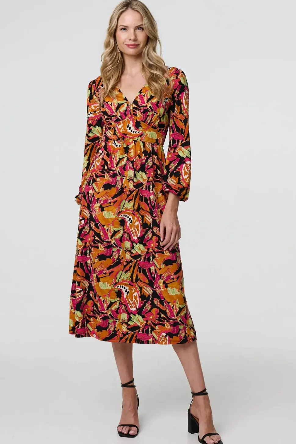 Tropical Floral Print Long Sleeve Midi Dress